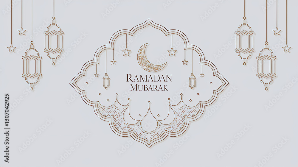 Fototapeta premium Elegant Ramadan Mubarak Hanging Lanterns with Crescent Moon, Twinkling Stars, and Islamic Geometric Patterns in Gold Line Art on a White Background Creating a Ramadan Festive and Spiritual Ambiance