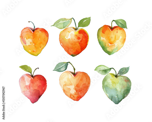 Heart shaped apples isolated on white background. Half, slice and whole form.