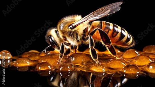 Bee eating sweet honey close up black background