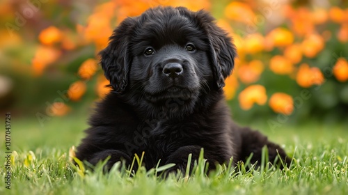 Adorable black Newfoundland puppy sitting