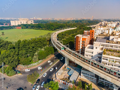 Aerial View of Dhaka Metro Rail in Bright Sunshine with National Parliament Building, Bangladesh – Modern Transportation and Urban Landmark in Dhaka