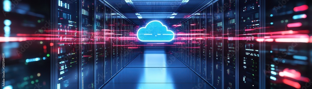 Data center with glowing cloud hologram, futuristic server racks and seamless data synchronization Data center with glowing cloud hologram, futuristic server racks and seamless data synchronization