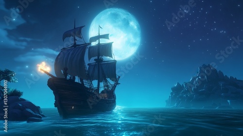 A moonlit bay, a pirate ship anchored off the coast, glowing sails