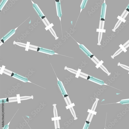 Vector seamless pattern of injections on grey background. Coronavirus, illness, disease, health sector concept textured repeatable pattern design with vaccine syringe injection tools. 