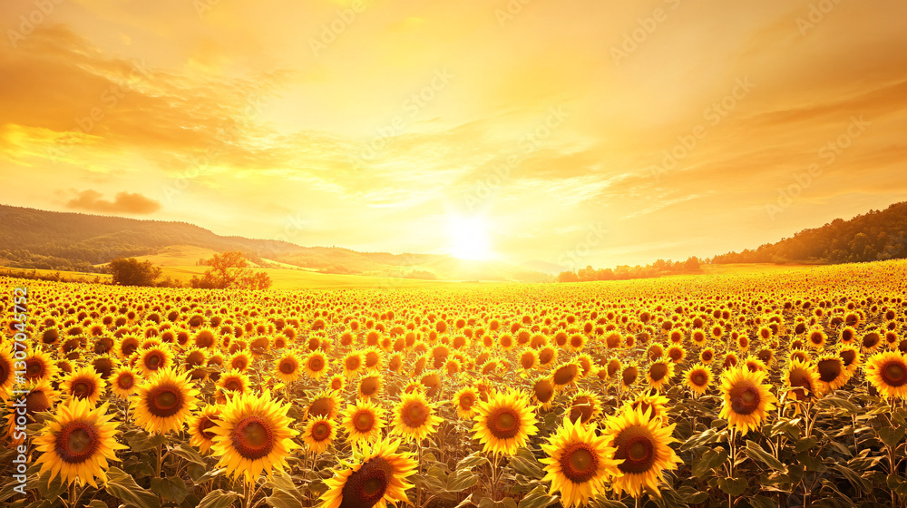 Fototapeta premium Dreamy Sunflower Serenity: Ethereal Pastel Field Bathed in Golden Light