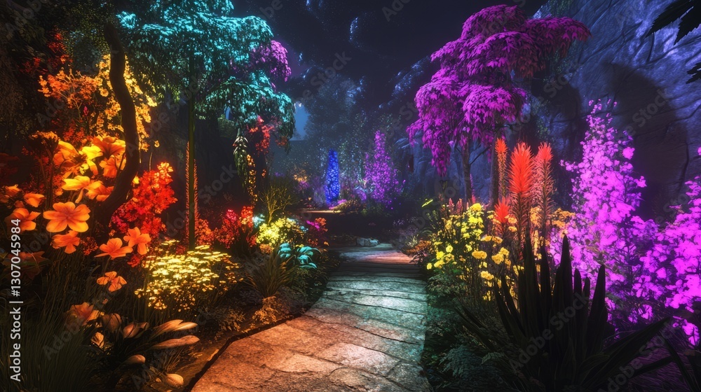 Fototapeta premium A mystical garden with oversized plants, vibrant colors, glowing flowers