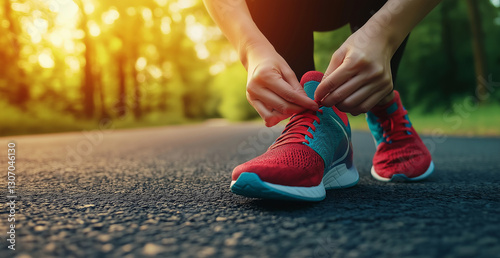  A woman is tying her shoes on the road, ready to go for jogging in the park with the morning sunlight. She wears sportswear and has blue and red sneaker shoes
