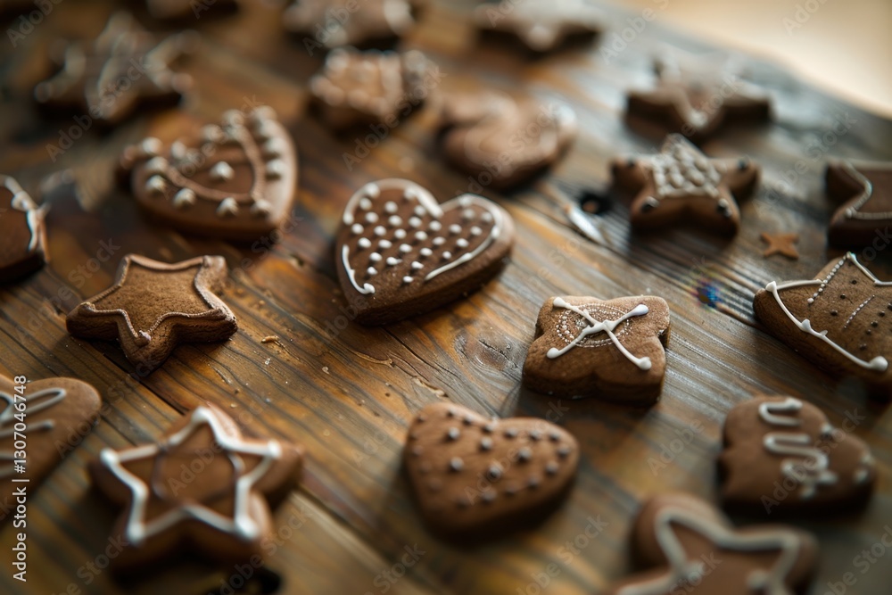 Decorative Gingerbread Cookies Displayed on a Wooden Table in Soft Light Decorative Gingerbread Cookies Displayed on a Wooden Table in Soft Light