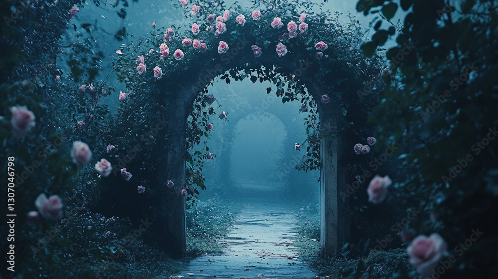 Fototapeta premium Enchanting Rose-Covered Garden Archway in Soft Pastel Tones