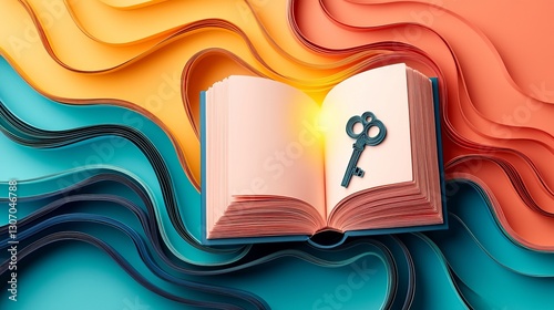 Key discipline success passion solution. An open book with a key inside, set against vibrant paper waves, symbolizes knowledge and discovery.