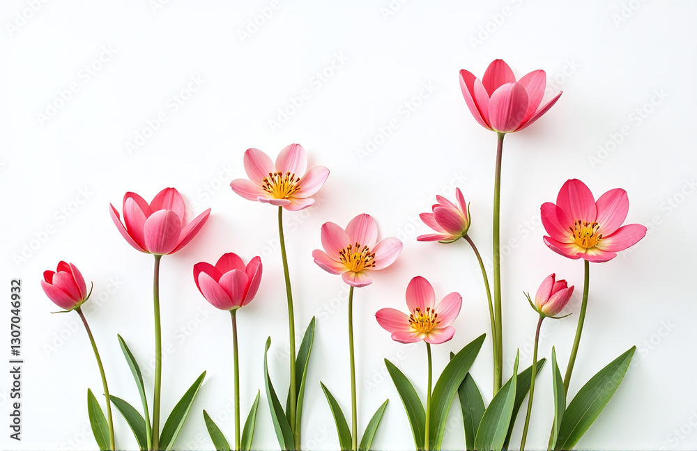Delicate Spring Flowers Bloom Against A Clean And Crisp White Background Filling It With Vibrant Color And Texture. Delicate Spring Flowers Bloom Against A Clean And Crisp White Background Filling It With Vibrant Color And Texture.