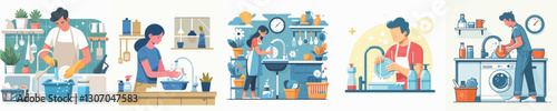 Vector of a person washing dishes.