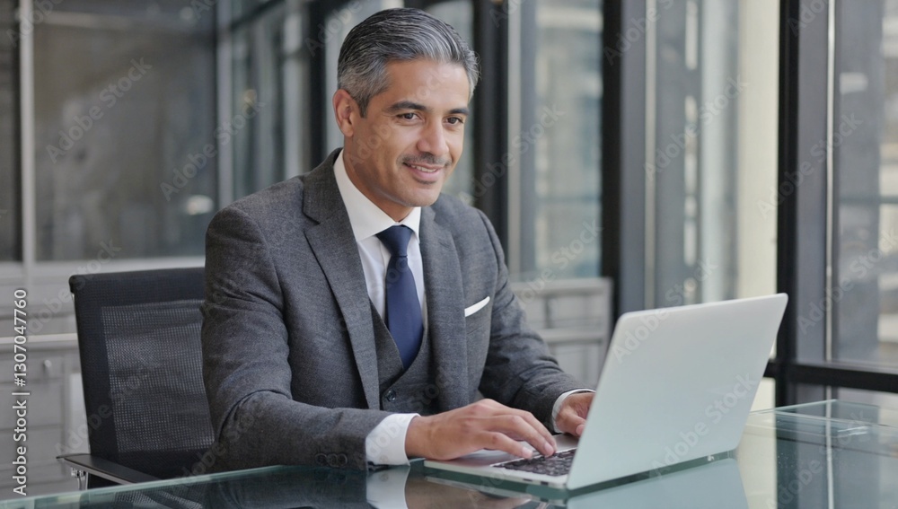 Smiling businessman sits at glass desk in office. Gray-haired man, head of company, uses laptop for work. Portrait of successful man in business suit Smiling businessman sits at glass desk in office. Gray-haired man, head of company, uses laptop for work. Portrait of successful man in business suit