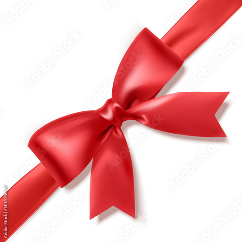 Red Satin Bow on White Background