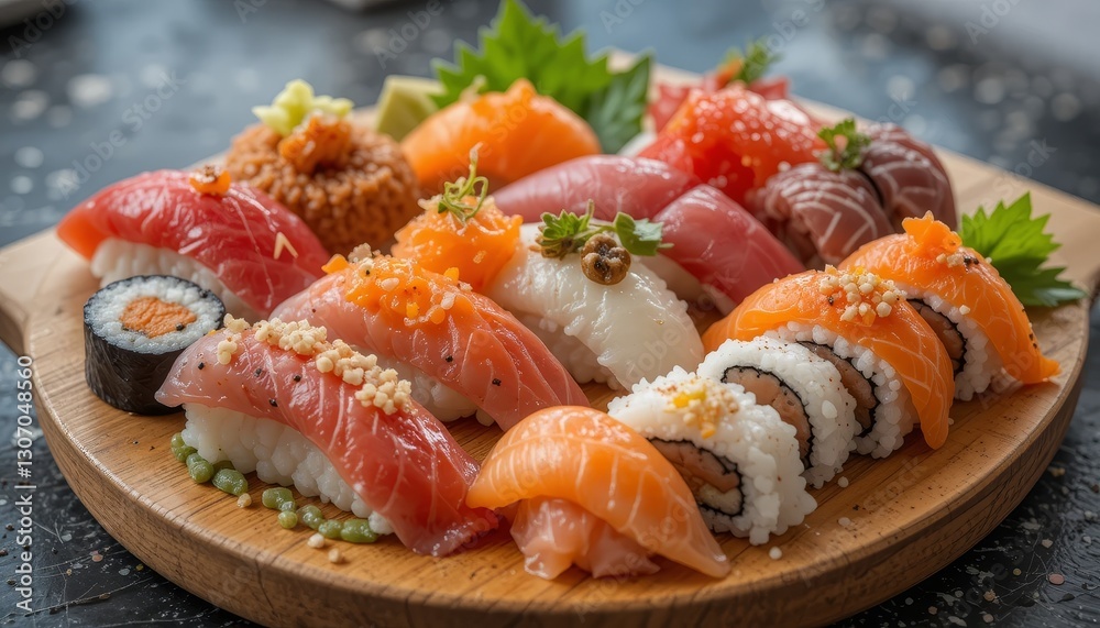 Assorted Sushi Platter with Nigiri and Maki Rolls on Wooden Board Assorted Sushi Platter with Nigiri and Maki Rolls on Wooden Board