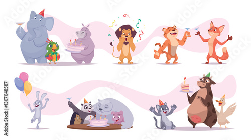 Birthday animals. Happy smile wild cartoon animals with cake and gifts exact vector party celebration concept pictures