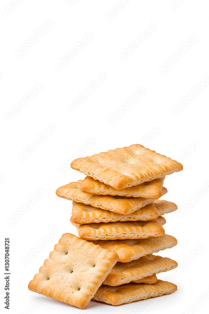 Stacked pile of crispy saltine crackers, isolated on white background Stacked pile of crispy saltine crackers, isolated on white background