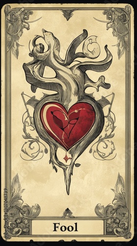 Design of a tarot card with a heart symbol titled 