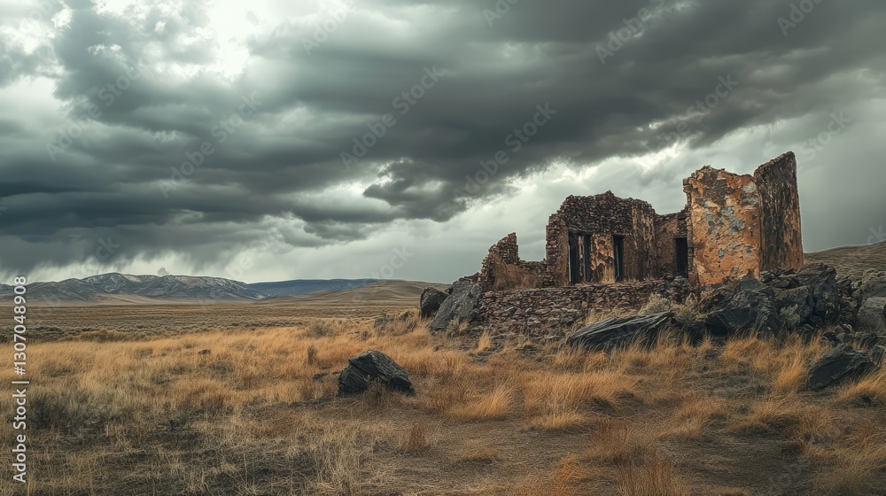 Fototapeta premium A post-apocalyptic wasteland, crumbling buildings, barren landscape, stormy skies