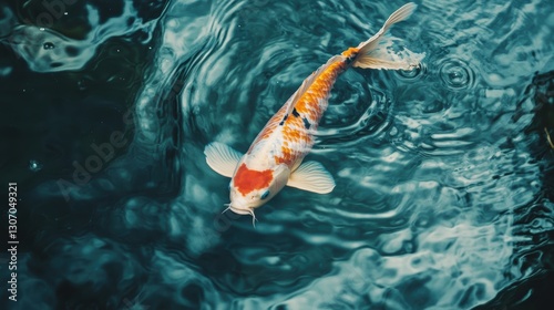 Graceful koi fish swimming in serene water with ripples reflecting vibrant colors, showcasing tranquility and nature's beauty in a peaceful setting