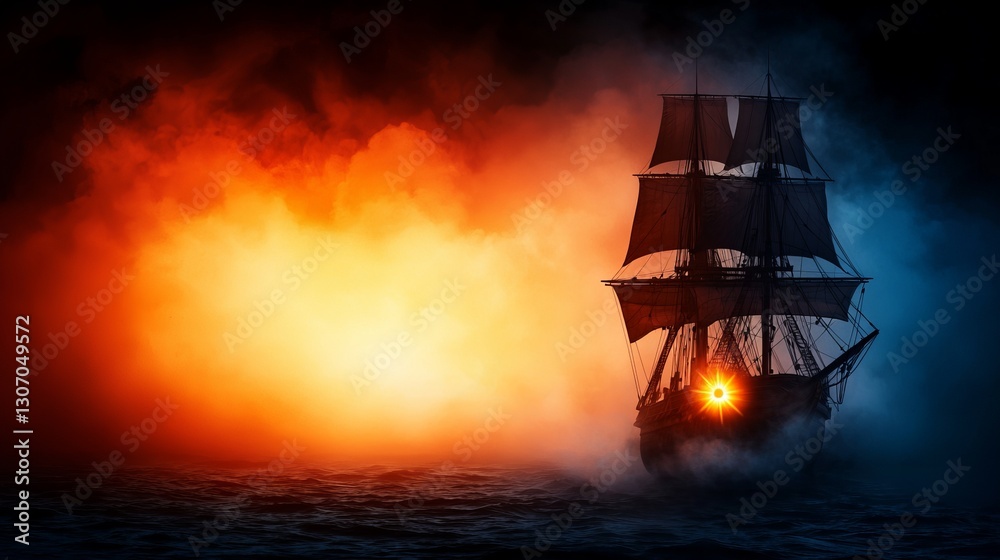 Obraz premium Key discipline success passion. A mysterious ship sails through a foggy sea, illuminated by contrasting colors of orange and blue in the background, evoking a dramatic and adventurous atmosphere.