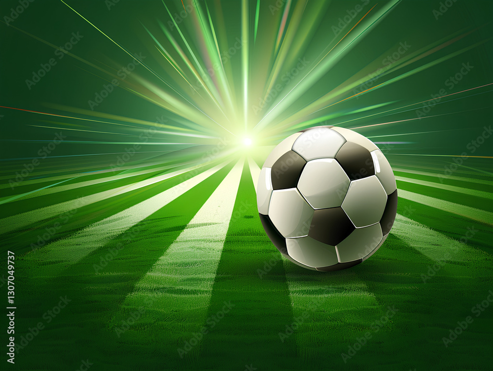 Fototapeta premium soccer ball on a green grass background with stripes of a football field. This is a banner for design, advertising, and decoration for a soccer event.
