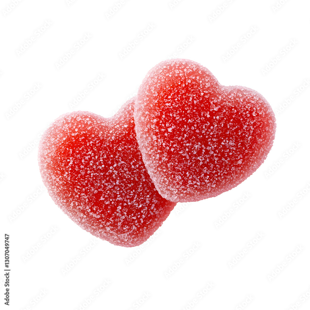 Fototapeta premium Red Jelly heart shaped candies coated in sugar, isolated on white background