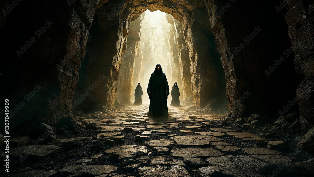 Fototapeta premium Dark monks stands in ancient temple. Creepy visions of hell. Scary illustration.