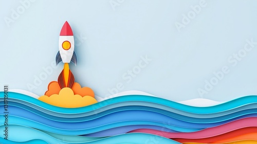 Key discipline success passion solution. A playful illustration of a rocket launching above vibrant waves, blending creativity and adventure in a colorful, paper-like style.