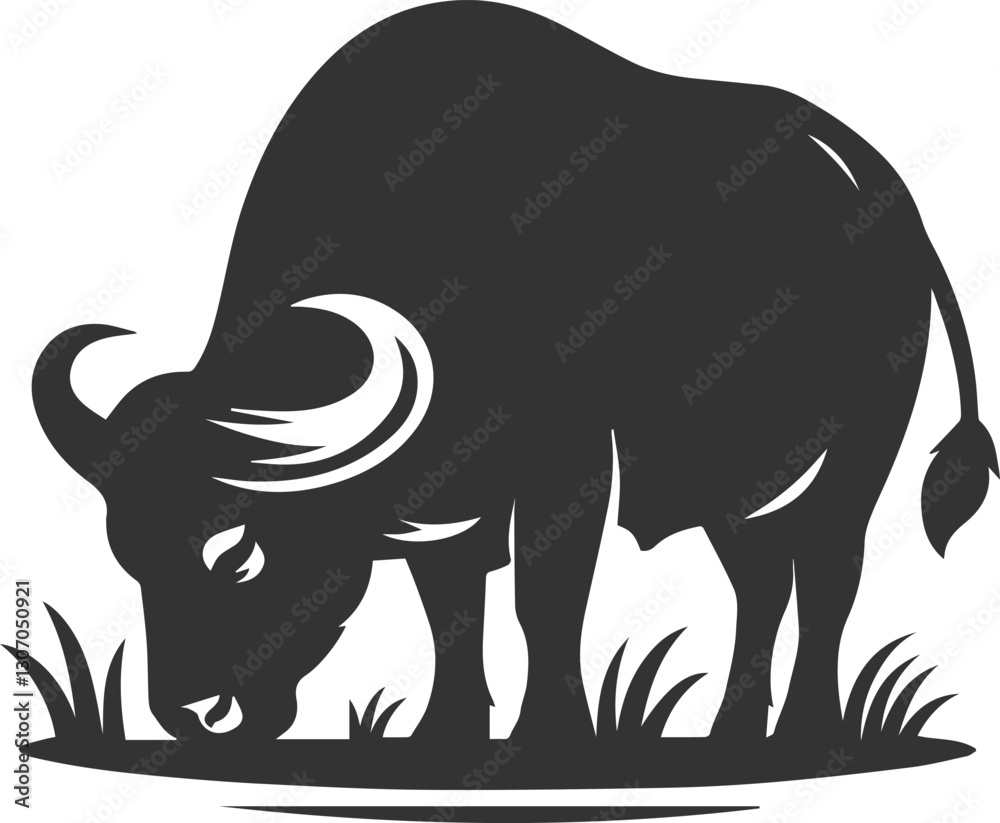 Obraz premium Buffalo grazing peacefully, head down animal vector silhouette