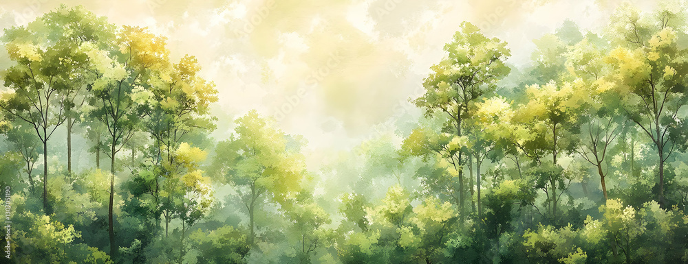 Sunlit forest, morning mist, tranquil scene, nature background Sunlit forest, morning mist, tranquil scene, nature background