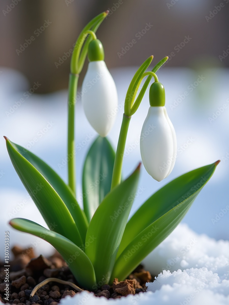 Fototapeta premium The Delicate White Petals Of The Snowdrop Plant Emerge From Winter Dormancy Signaling The End Of Cold Weather Periods Outside.
