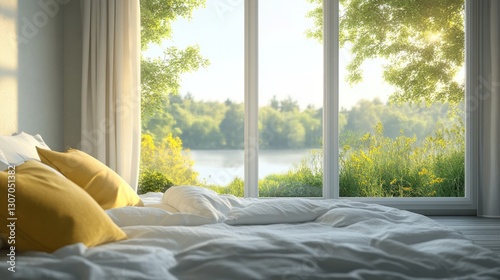 Dreamy bedroom interior with soft white bedding  yellow cushions  and panoramic windows offering a green  natural landscape. Open space for text.