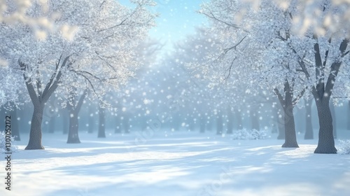 A serene winter forest, ice-covered trees, gentle snowfall