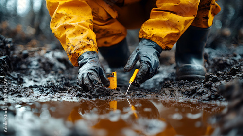 Environmental Scientist in Yellow Protective Suit Investigating Soil Contamination