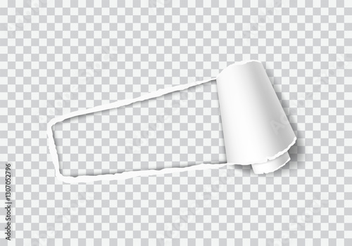 Realistic vector of a torn hole with a rolled edge. Ripped paper with a curled fragment. Template frame for text. Paper mockup.