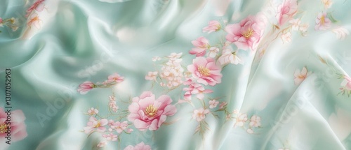 Elegant pastel fabric with delicate floral patterns in soft pink and white on a mint green background, ideal for textile and design projects