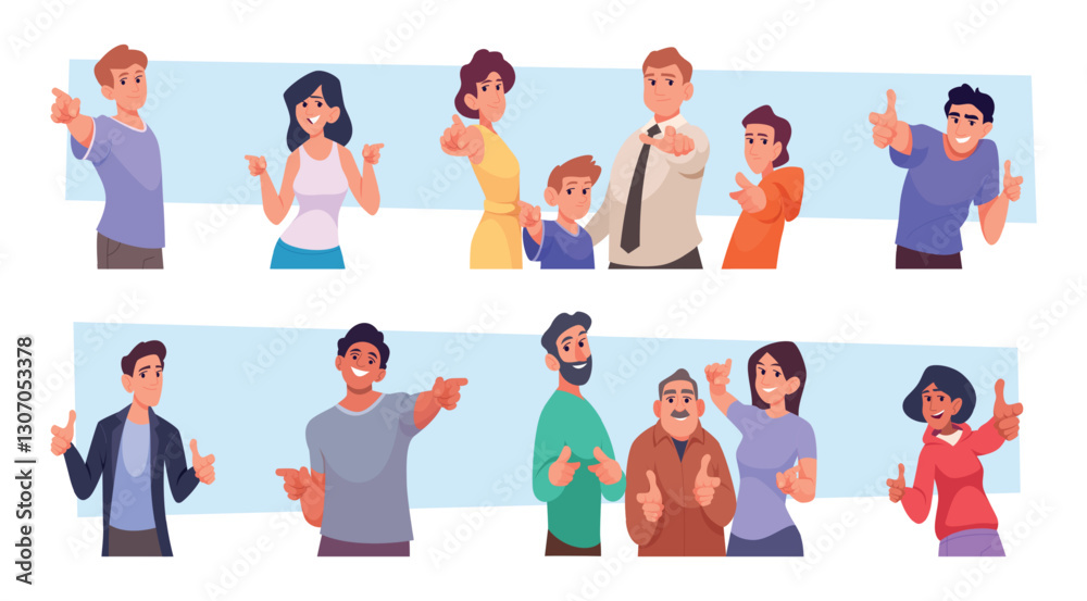 People pointing. Characters finger gesturing showing or picking at you exact vector crowd illustrations set People pointing. Characters finger gesturing showing or picking at you exact vector crowd illustrations set