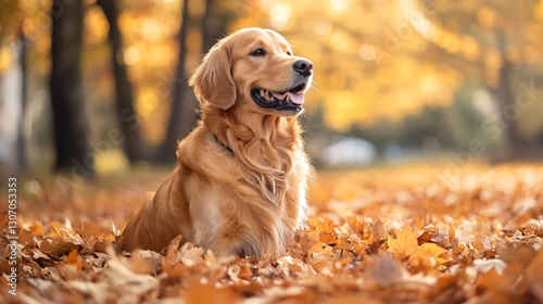 Adorable Golden Retriever Sitting in Autumn Leaves