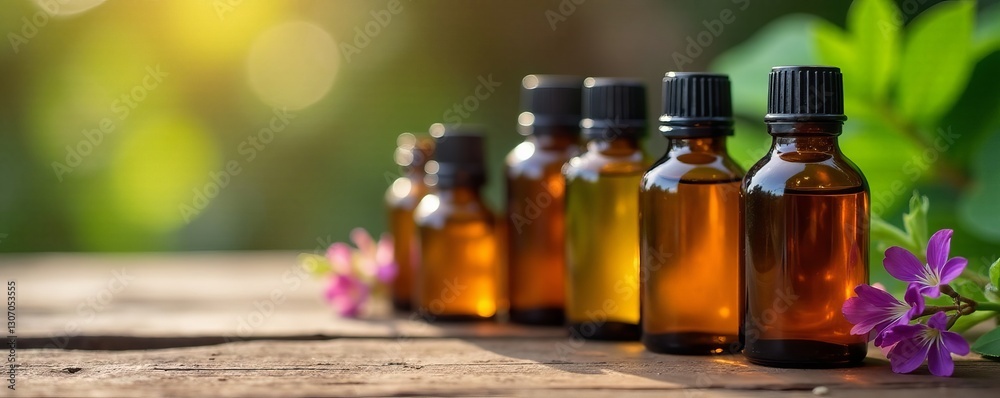 Close-up of bottles with various essential oils for aromatherapy on wooden table, alternative medicine, essential oils, natural Close-up of bottles with various essential oils for aromatherapy on wooden table, alternative medicine, essential oils, natural