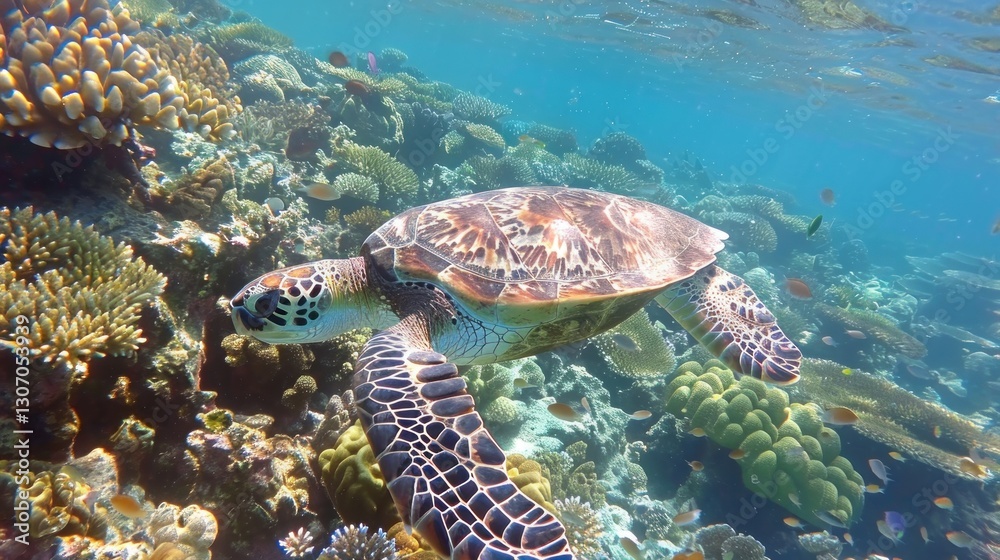 Fototapeta premium A sea turtle swimming among colorful coral underwater peacefully