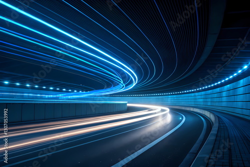 Light trails speeding through futuristic illuminated tunnel at night