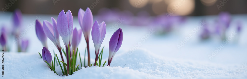 Small Purple Flowers With Delicate Petals Often Bloom Through Winter Snows In Areas With Mild Climate Conditions Outside Homes. Small Purple Flowers With Delicate Petals Often Bloom Through Winter Snows In Areas With Mild Climate Conditions Outside Homes.