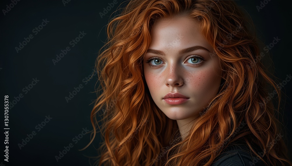 Fototapeta premium Portrait of Young Woman with Wavy Red Hair and Freckles