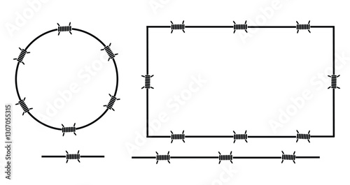 Barbed Wire Round and Square Frame Isolated on White. Industrial graphic design elements and resources concept vector art