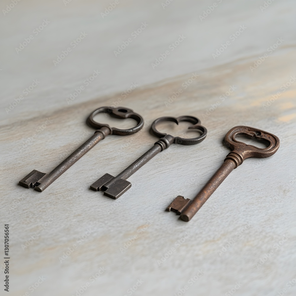 Three antique keys on light wood table, blurred background, security concept Three antique keys on light wood table, blurred background, security concept