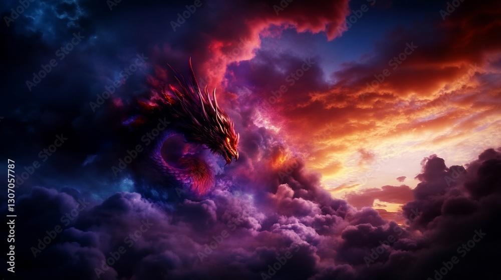Naklejka premium Majestic Dragon Soaring Through a Fiery Sunset Sky