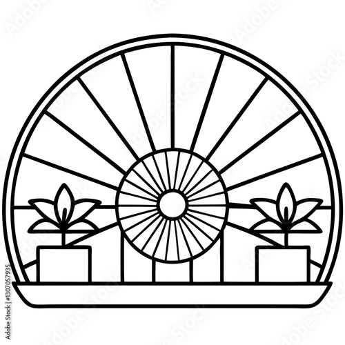 Greenhouse fan outline illustration, functional design, with plants in pots, on transparent background