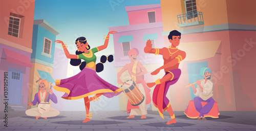 Indian performance. Action movement dancing characters male and female exact vector indian traditional show