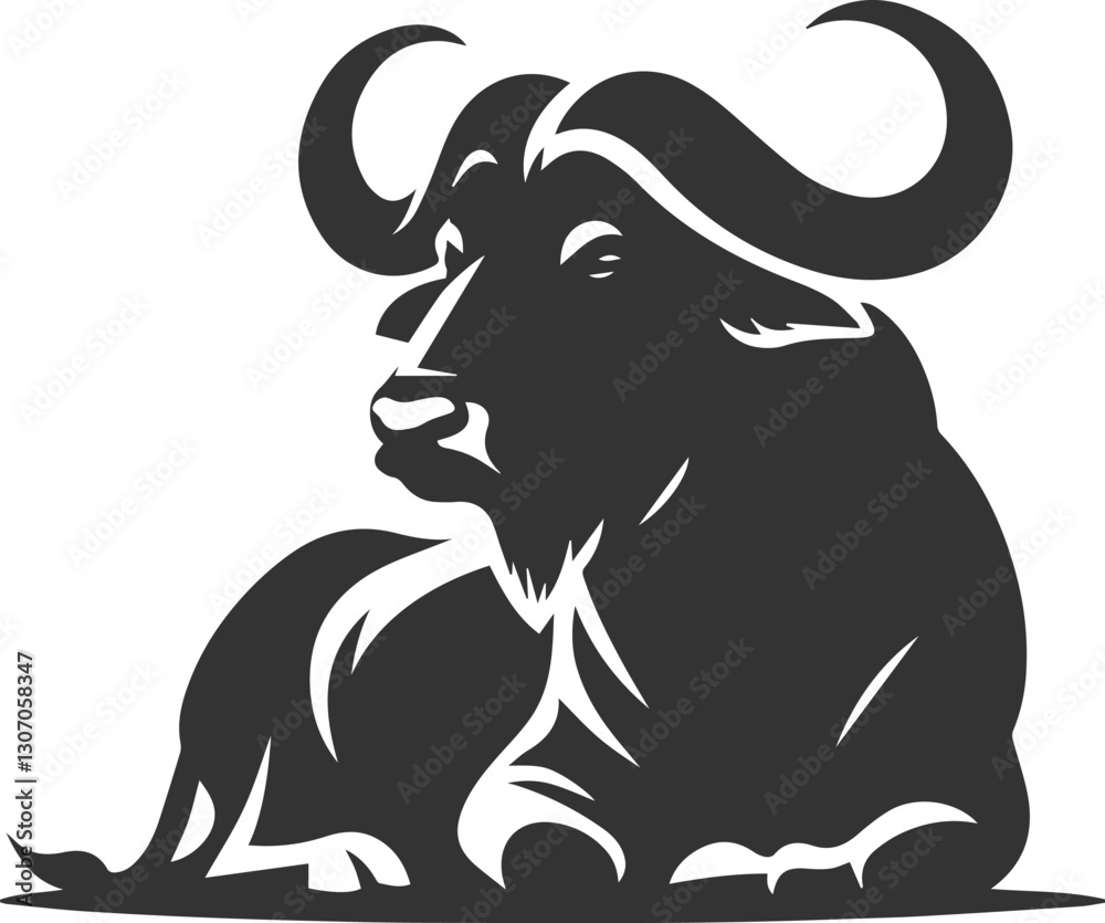 Fototapeta premium Buffalo sitting with its legs folded beneath its body animal vector silhouette
